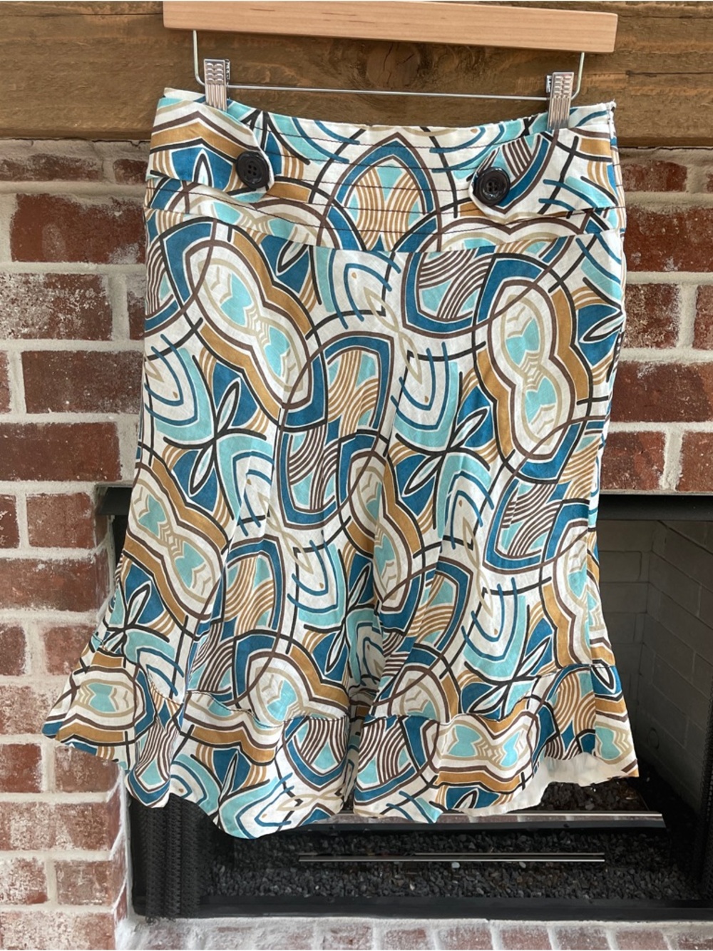 Promod A-Line Skirt in Teal, Tan & White Geometric Print